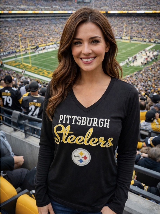 Tops - Pittsburgh Steelers Women's Black Long Sleeve V-Neck Tee